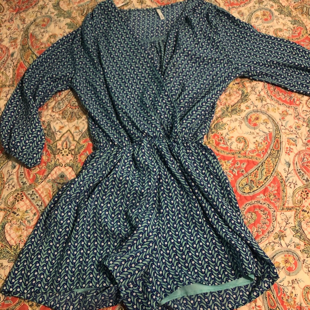 Sage brand romper; size S in blue/green polyester